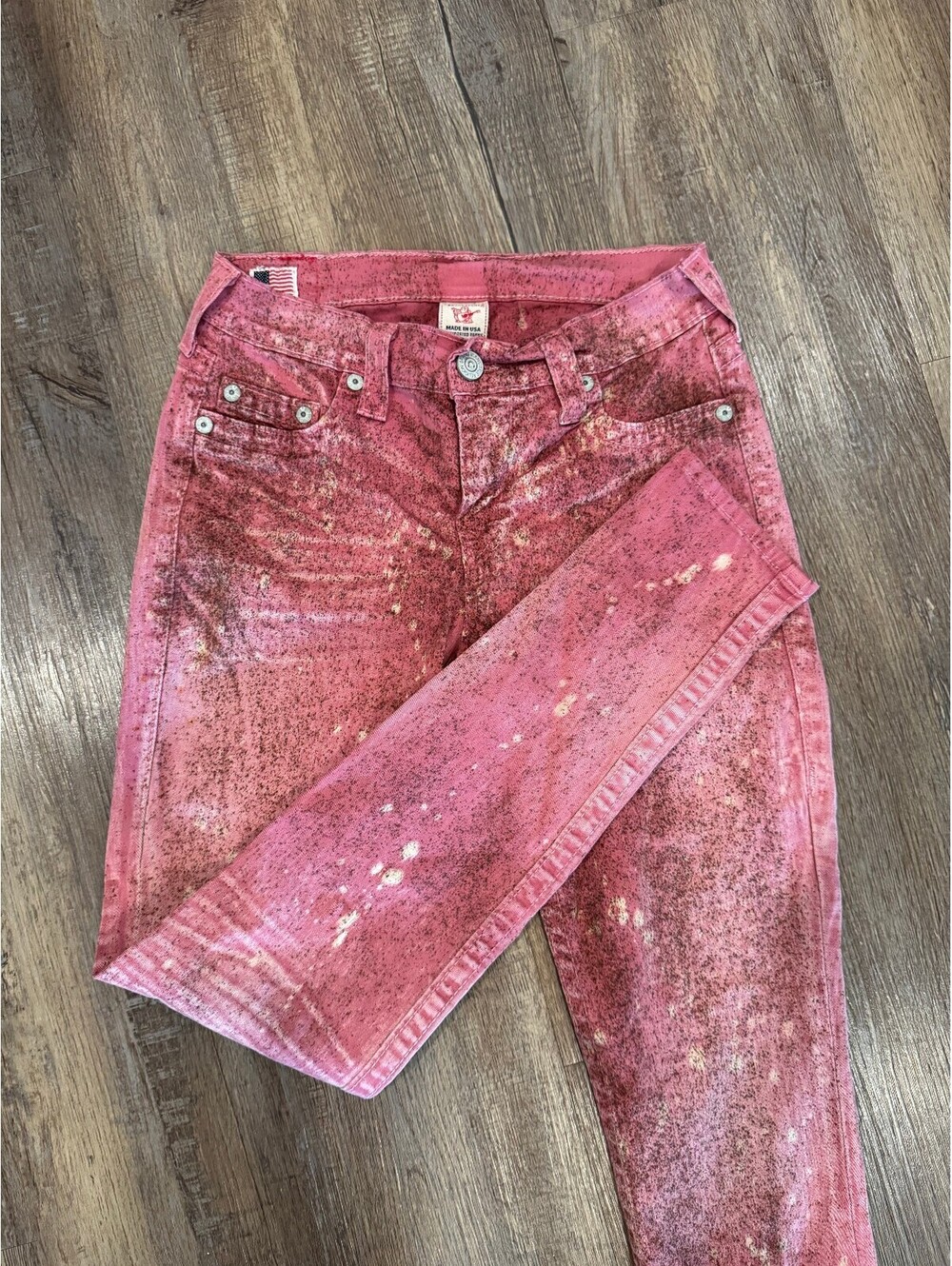 True Religion World Tour Womens Pink Red Splatter Skinny Jean Y2K Size 28